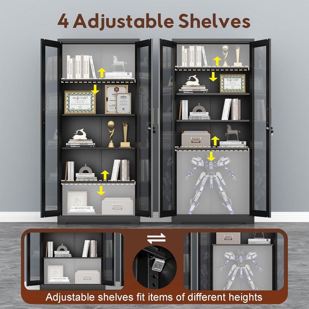 Black Glass-Door Lockable Display Cabinet with 4 Adjustable Shelves, Ideal for Liquor, Books, and Living Room Storage
