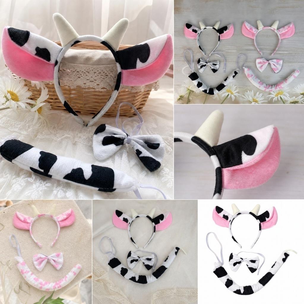 Cow Costume Accessories Set Headband with Horns Tie and Tail for Halloween Cosplay