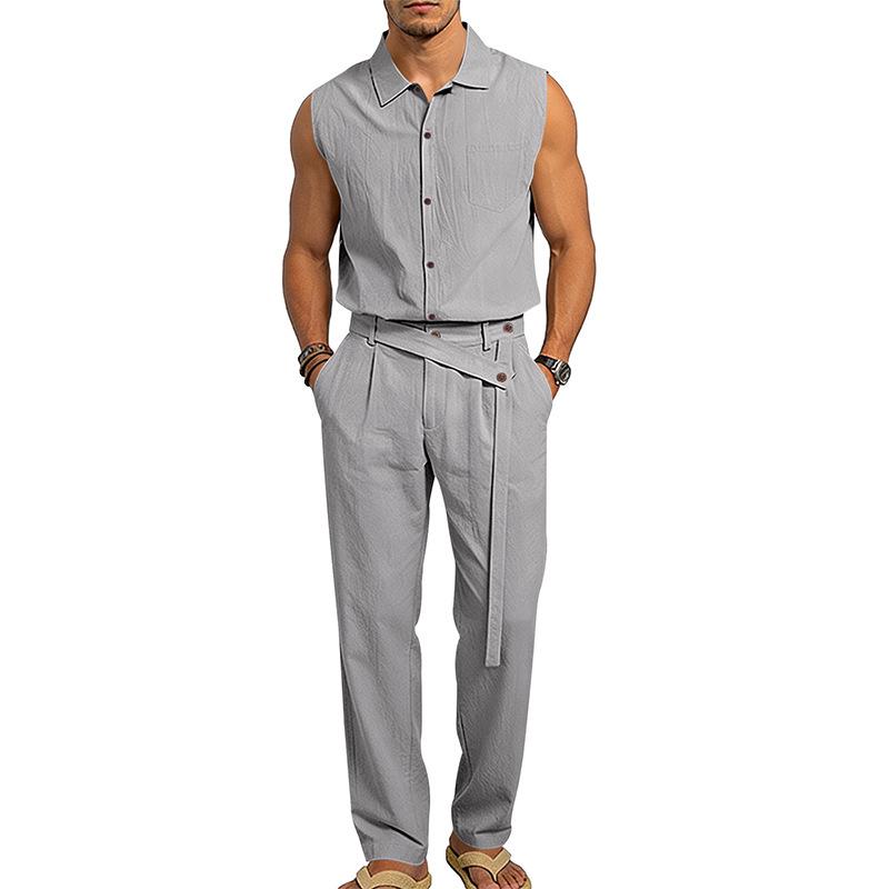 Men's European Summer Linen Sleeveless Shirt & Long Pants Set - Breathable & Trendy Two-Piece