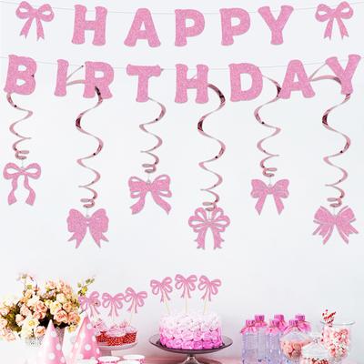 Bowknot Theme Party Decor Set Pink Tassel Banner Cake Toppers Gold Glitter Spiral Hanging Ornaments Girls Birthday Party Decor
