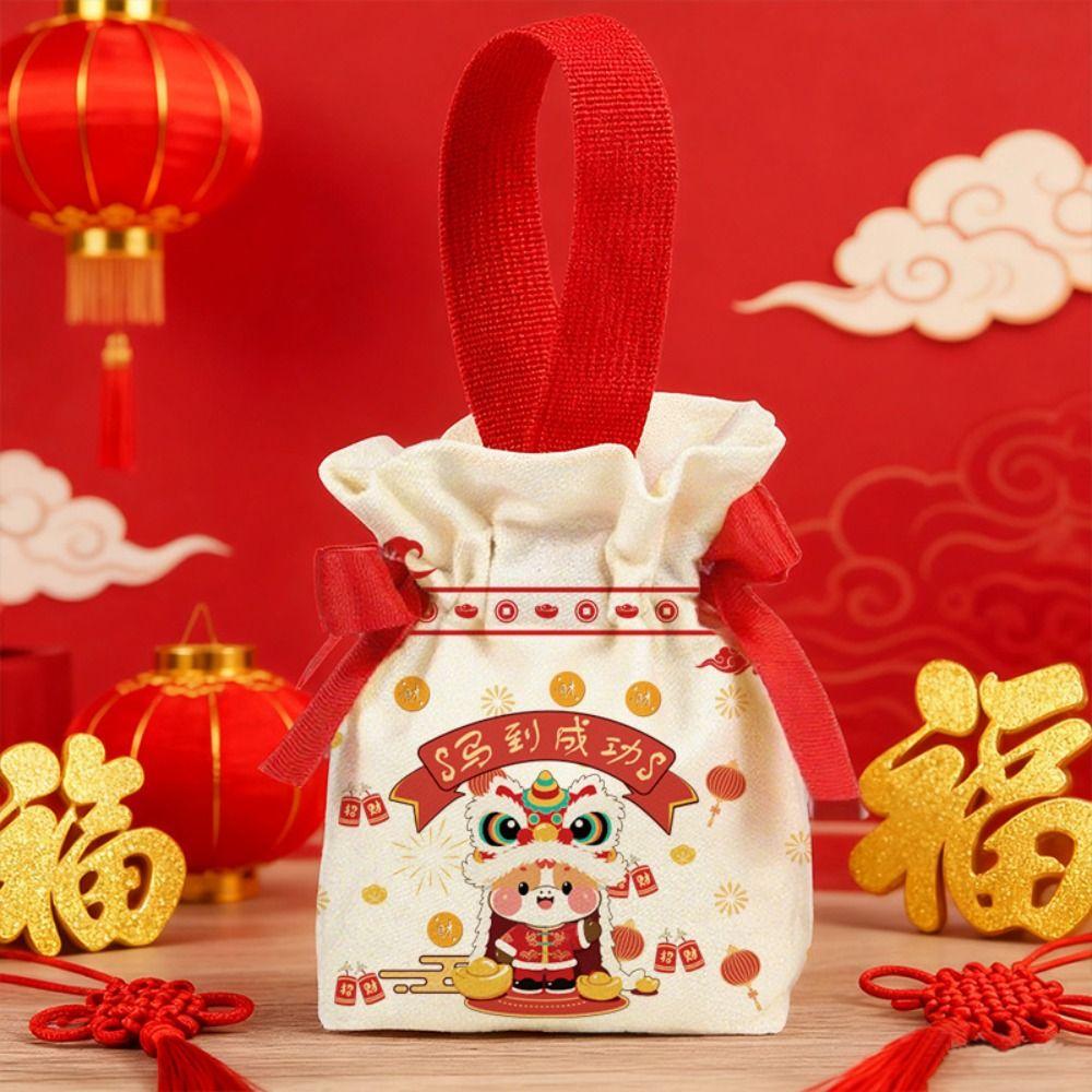 Canvas 2026 New Year Gift Bag Chinese Style Wedding Candy Bag Drawstring Bag New Year Celebration