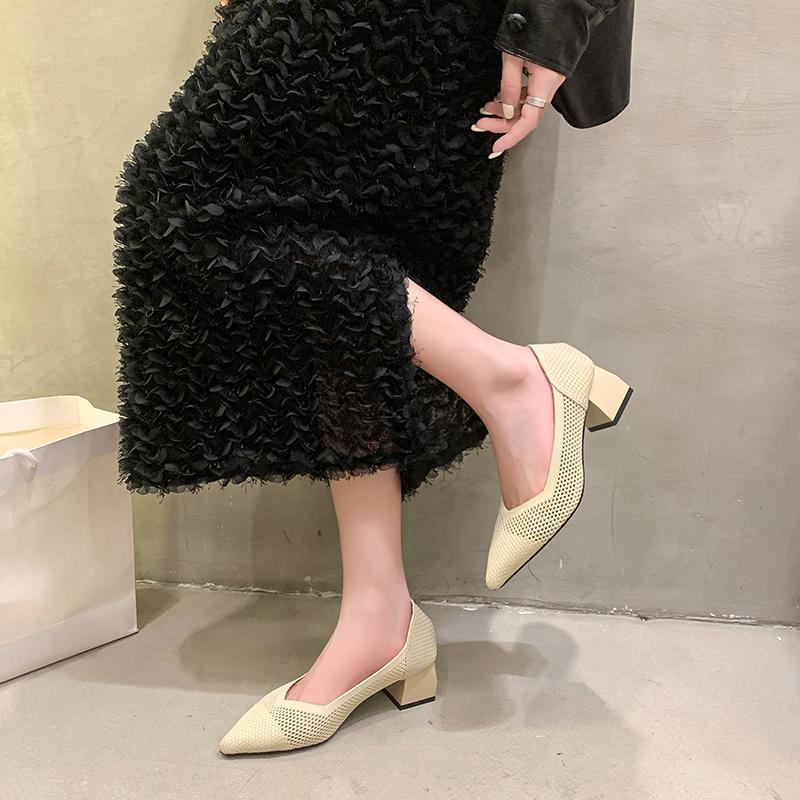 Mode Damen Schuhe 2025 Übergröße Mesh Damen High Heels Atmungsaktive Büro Pumps Damen Spitzschuh Slipper Blockabsatz Damenschuhe