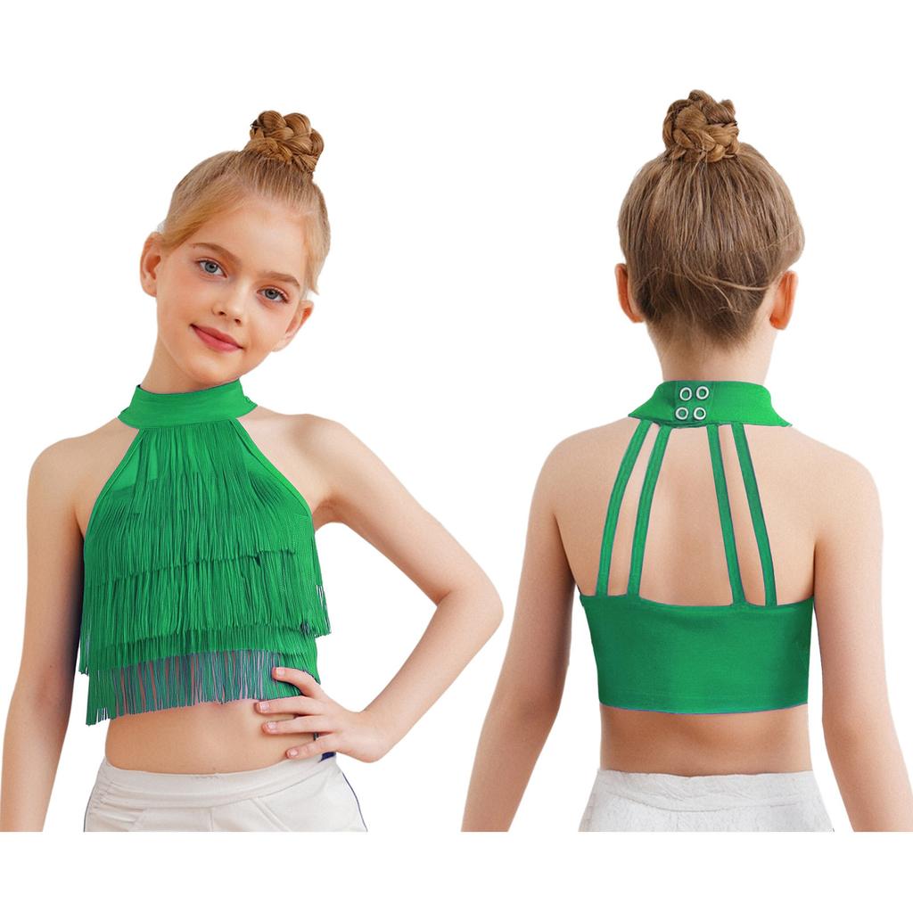 Vielseitiges Latein-Performance-Oberteil für Mädchen: Fransen Crop Top mit offenem Rücken & mehrlagigen Quasten für Salsa, Tanz & Halloween