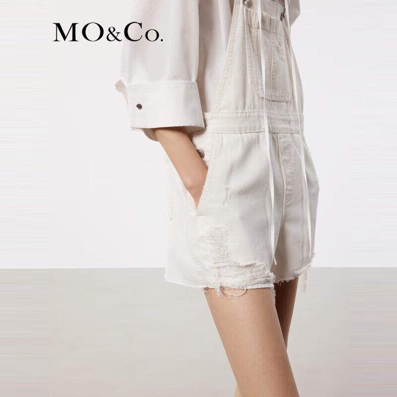 MO&Co. Ripped White Denim Short Overalls