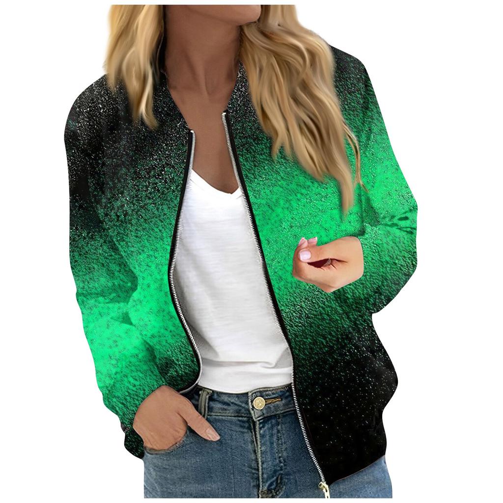 Women's Fashionable Casual Long Sleeve Color/Gradient Print Round Neck Zipper Jacket