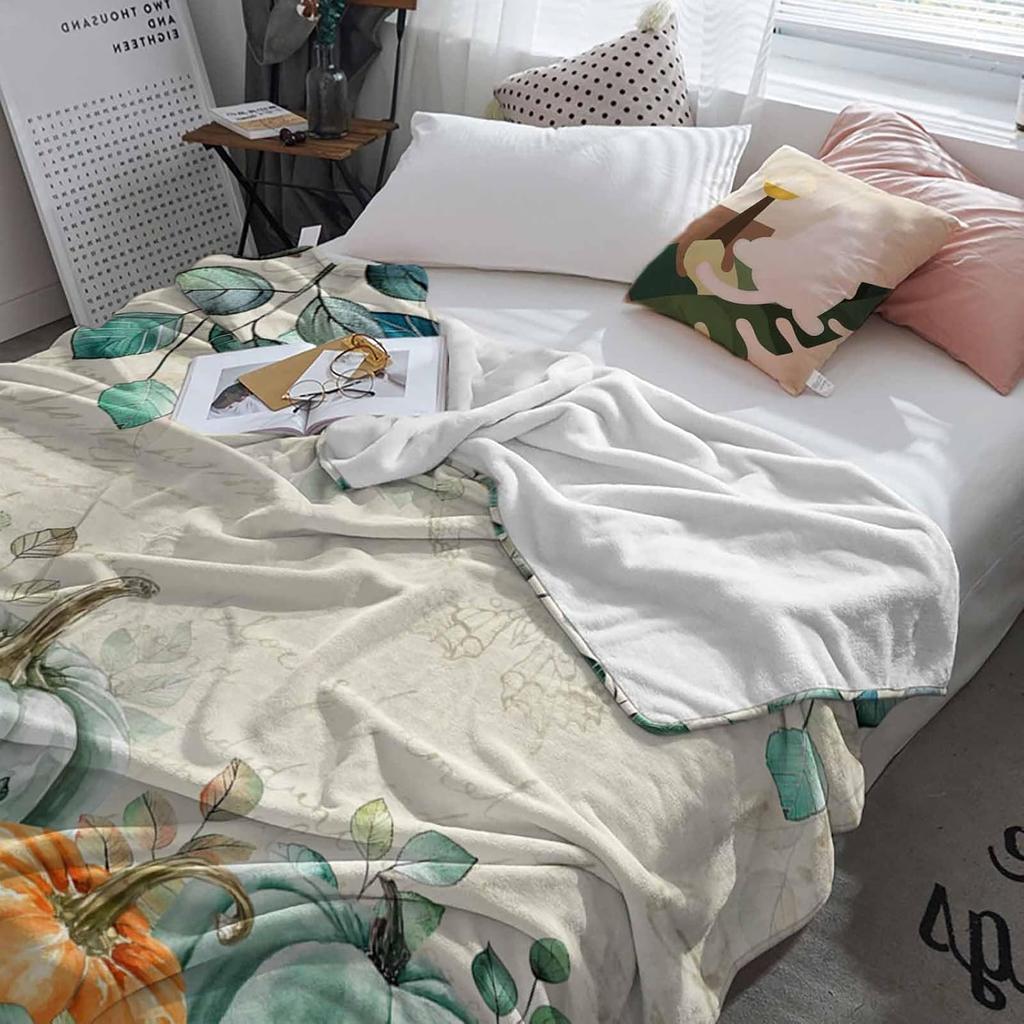 Fall Throw Blanket Green Pumpkin Blankets and Throws Soft Cozy Flannel Fleece Eucalyptus Leaves Branch Blanket for Couch Bed Sofa Chair Autumn