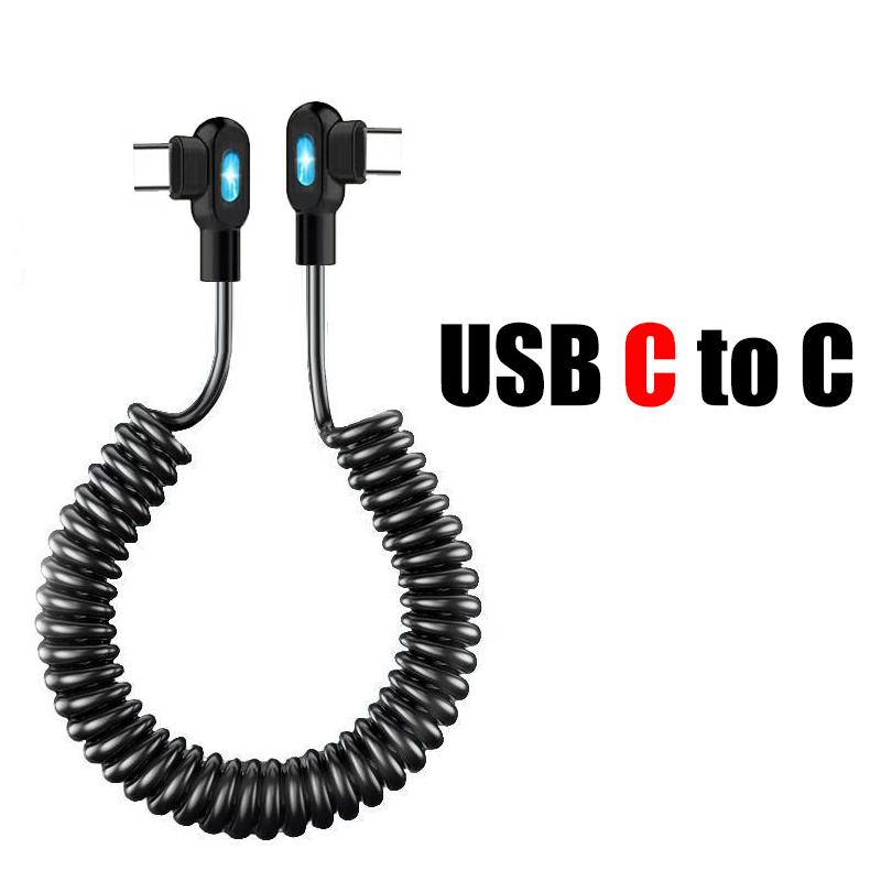 120 Вт 6 А Быстрозарядный кабель USB C Угловой Растягивающийся Пружинный Дата-кабель Для iPhone Samsung Xiaomi Huawei Телефон Автомобильное Зарядное Устройство Тип C Кабель 1m