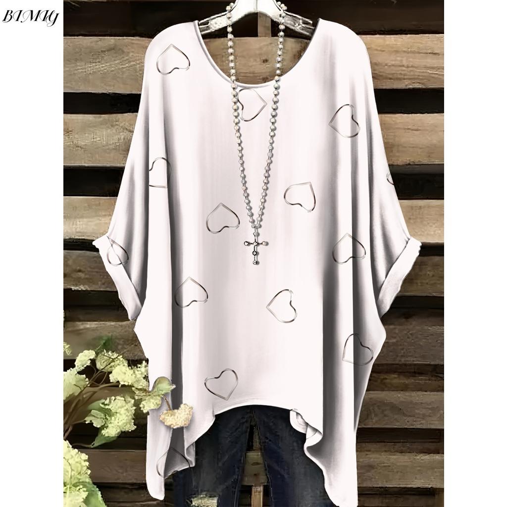 Sommar Dam Elegant Bohemisk Tvåfärgad T-shirt - Hjärta Blommigt Tryck med Fjäril Rund Hals Casual Blus Boho Älskare 2025