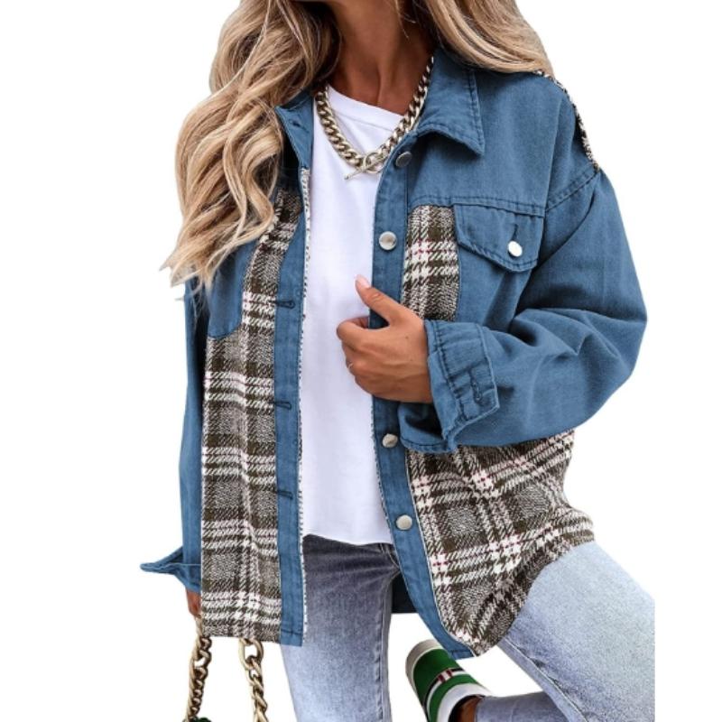 

Женская куртка Джинсовая куртка с длинным рукавом в клетку Рубашка на пуговицах Куртка Топ 2XL синий
