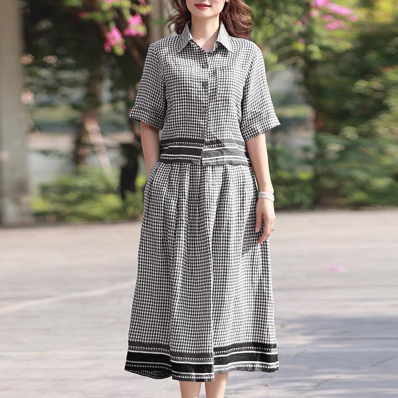 ZANZEA Women Short Sleeve Blouse and Long Skirts Grid Print Two Piece Sets