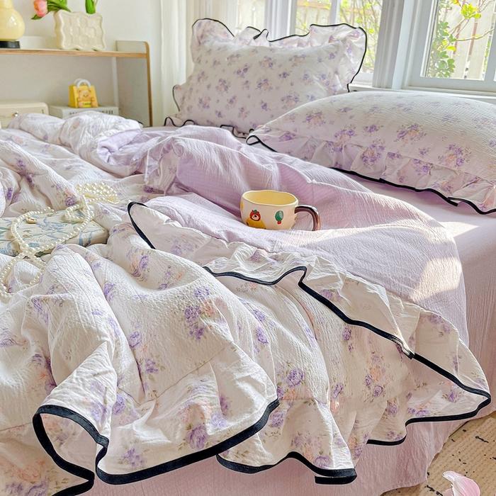 Kapok wrinkled double-layer yarn ruffle leaf edge summer quilt four-piece set washing machine washing air conditioner quilt