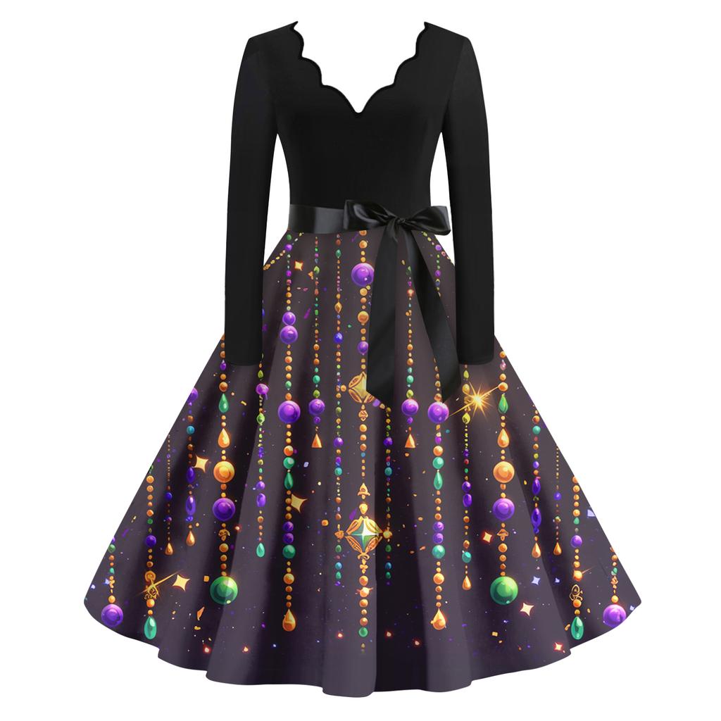 Women's Casual Fashion V Neck Long Sleeve Printed Vintage Long Dress