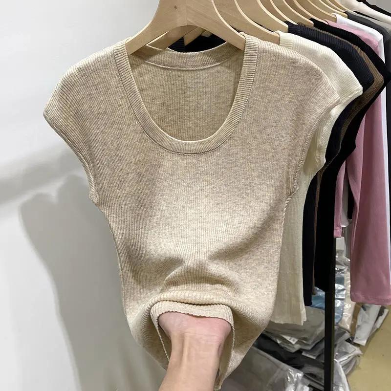 

Женская весенне-летняя рубашка с U-образным вырезом из тонкого шелкового трикотажа, однотонная простая дышащая футболка для поездок на работу XXS абрикосовый