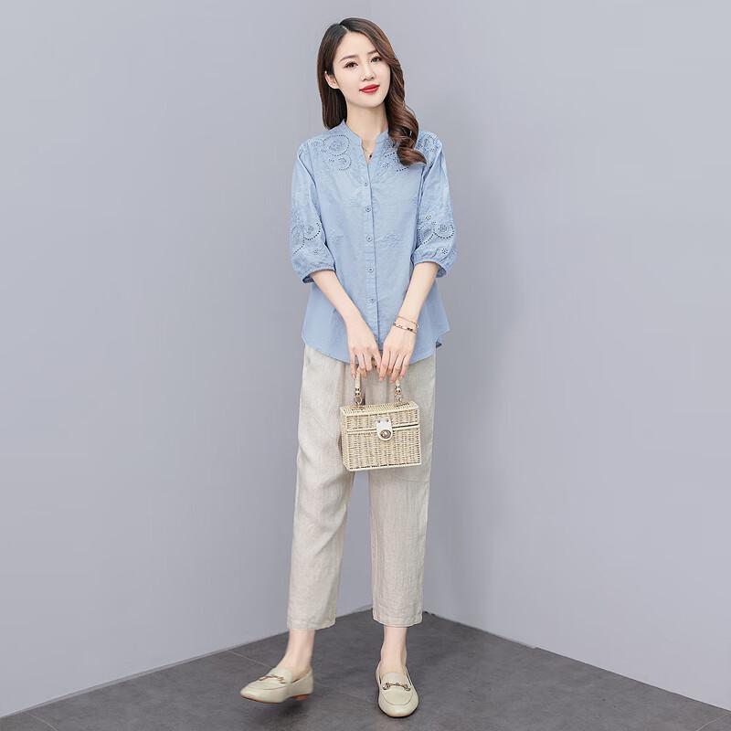 Women's Embroidered Five-Sleeve Button-Down Shirt