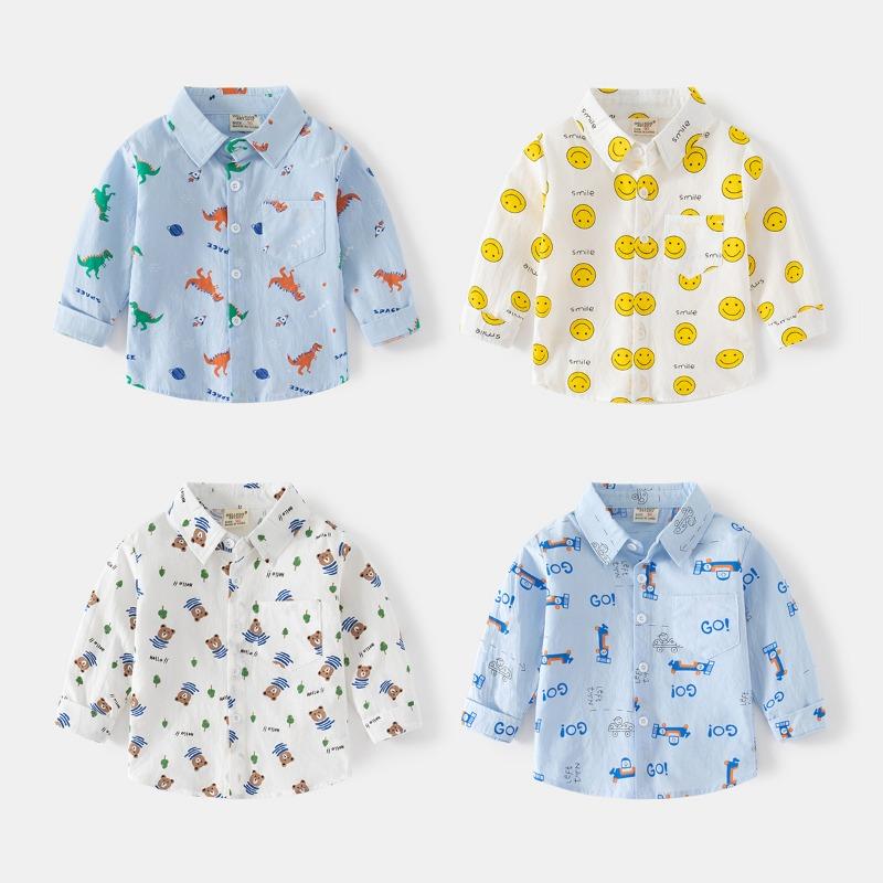 Boys Casual Long Sleeve Cartoon Dinosaur Print Kids Shirt