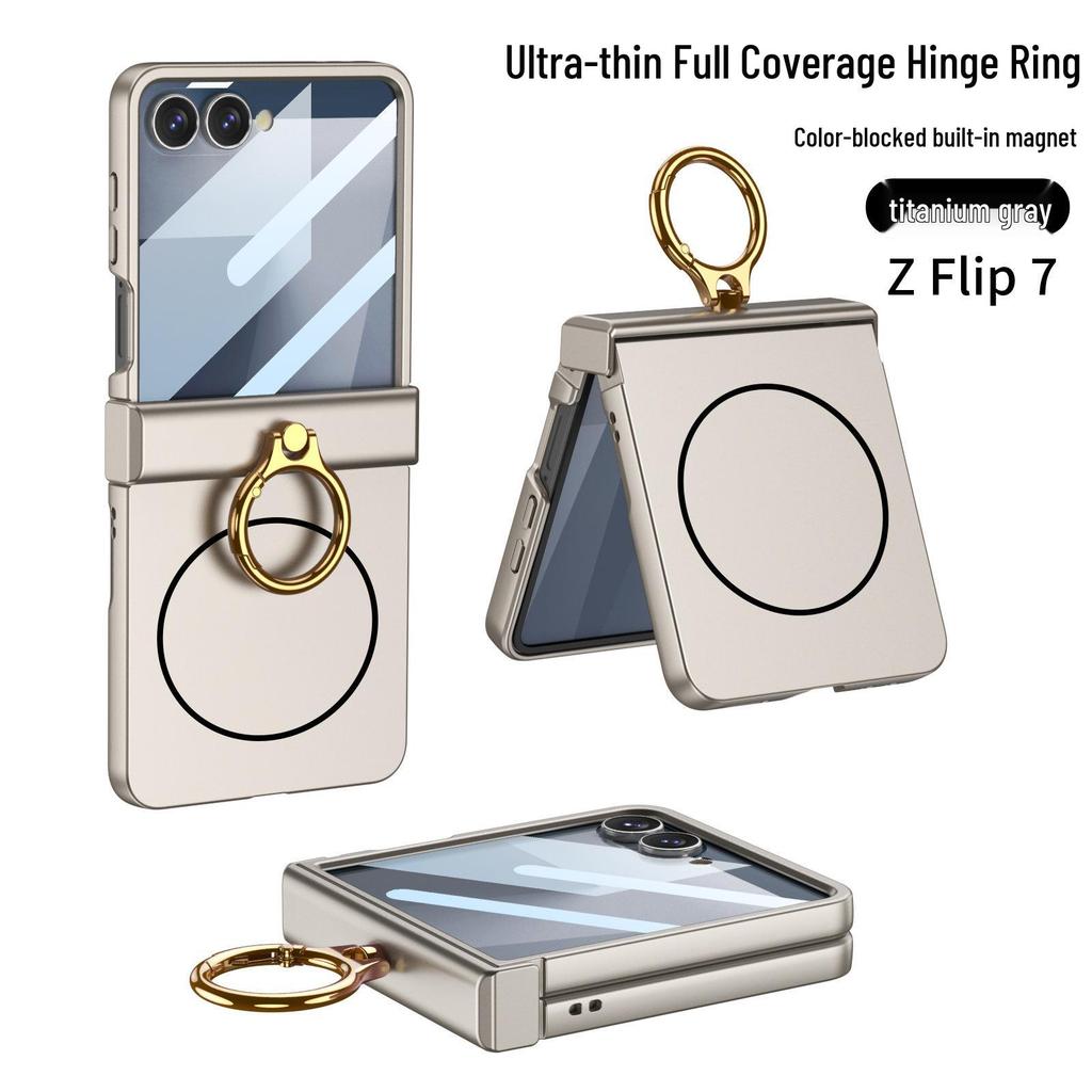 Samsung Z Flip7 Ultra cienkie etui na składany telefon z ochroną zawiasu, modny magnetyczny pierścień i kompatybilnością z ładowaniem bezprzewodowym