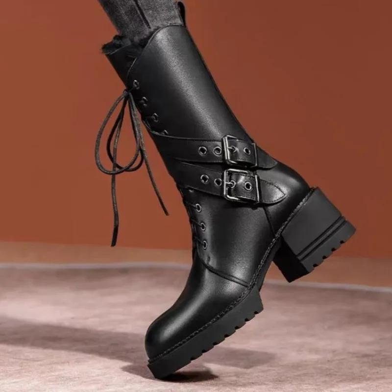 Winter New Thick Heel Cotton Boots Women's Fashion Round Head Front Strap Buckle Thick Sole Non-slip Mid-calf Boots