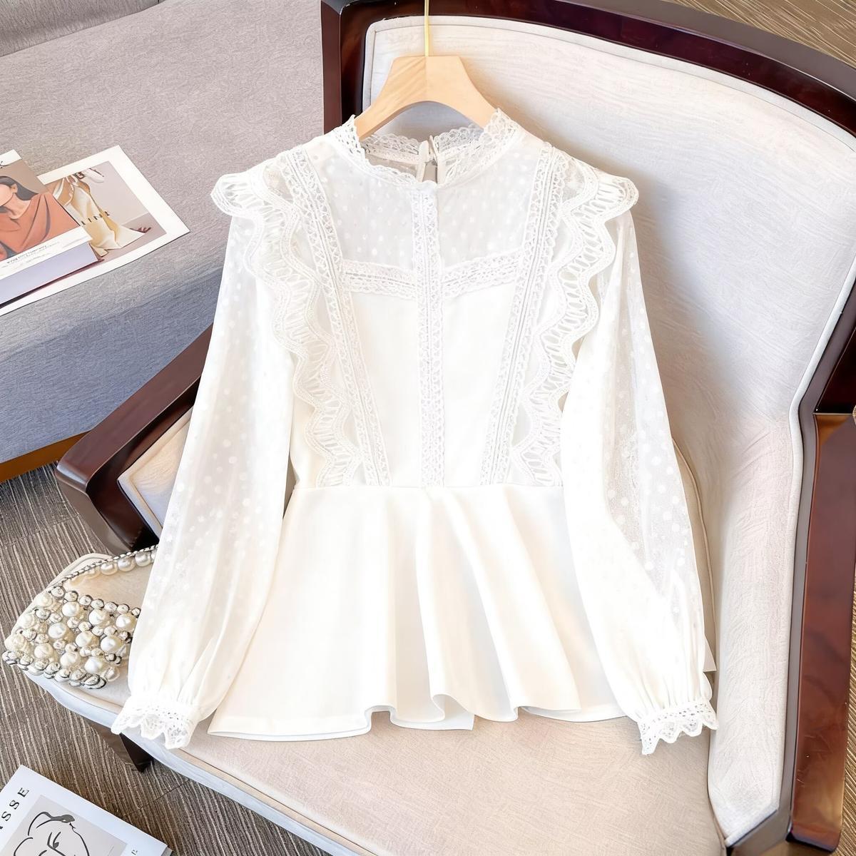 

Black Lace Blouse for Women Elegant Design Ladies Spring Sheer Outwear Clothing Solid Simple Fashion All-match Korean Style Chic S білий