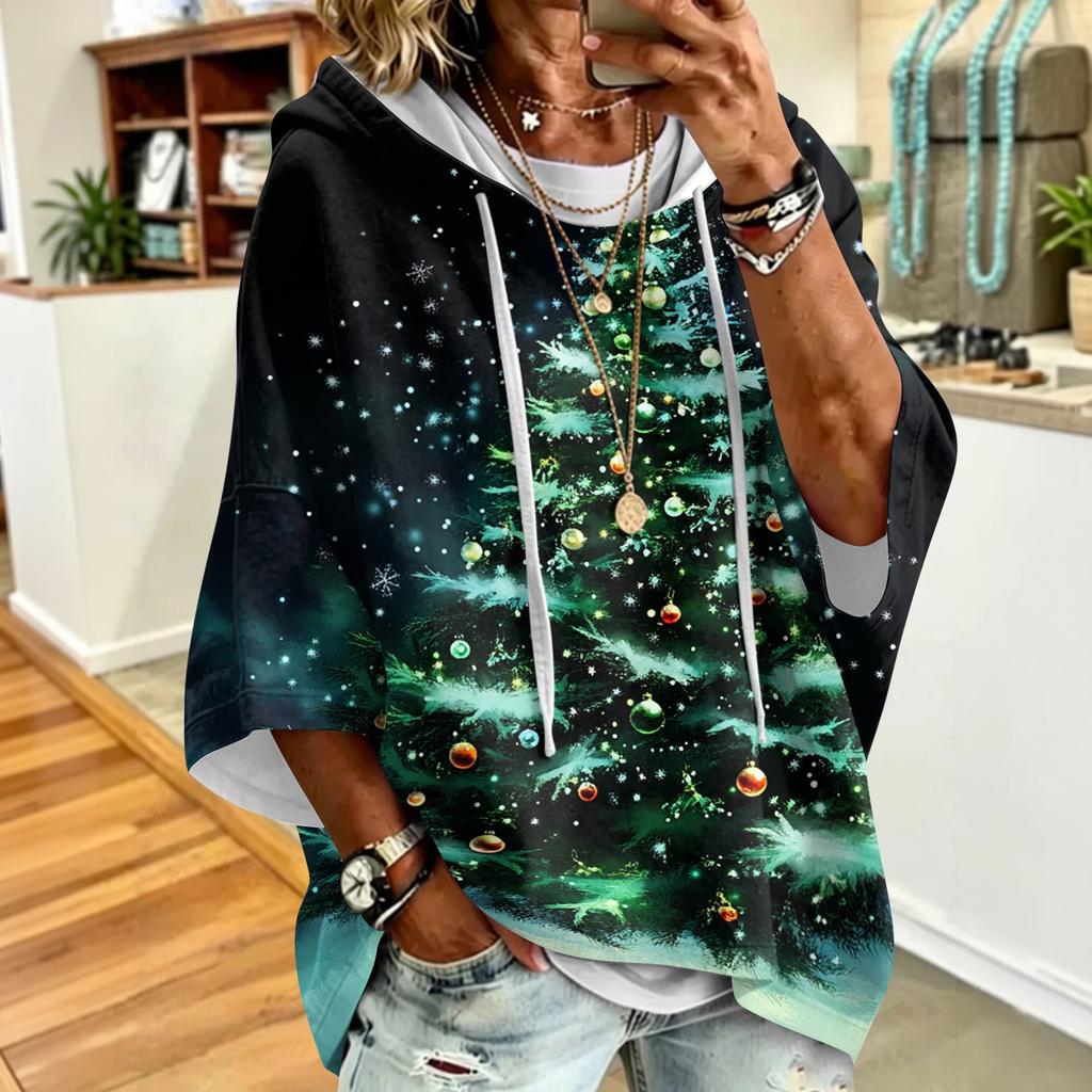 Women's Christmas Printed Hooded Sweatshirt Loose Fit Casual Pullover Top