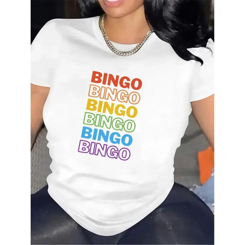

Bingo Print Short Sleeve T-Shirt - Black & White with Colorful Bingo Games Design | Lightweight Round Neck Casual Top S белый