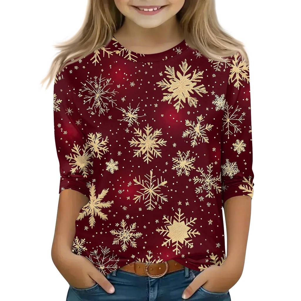 Children's 3/4 Sleeve Tops Casual Christmas Print T Shirt Round Neck Pullover Blouse