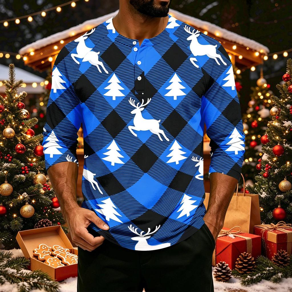 Men's Casual Shirt with Raglan Three-Quarter Length Sleeves Christmas Print Pullover