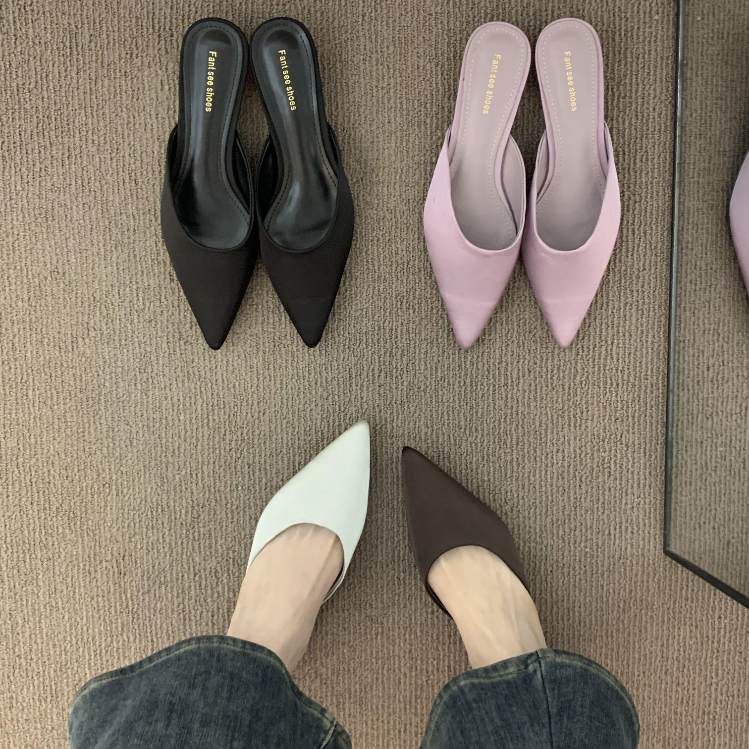 

French low-heeled purple bag head half-drag fairy shoes, wear 2025 spring and summer high-end satin with skirt single shoes 40 коричневый