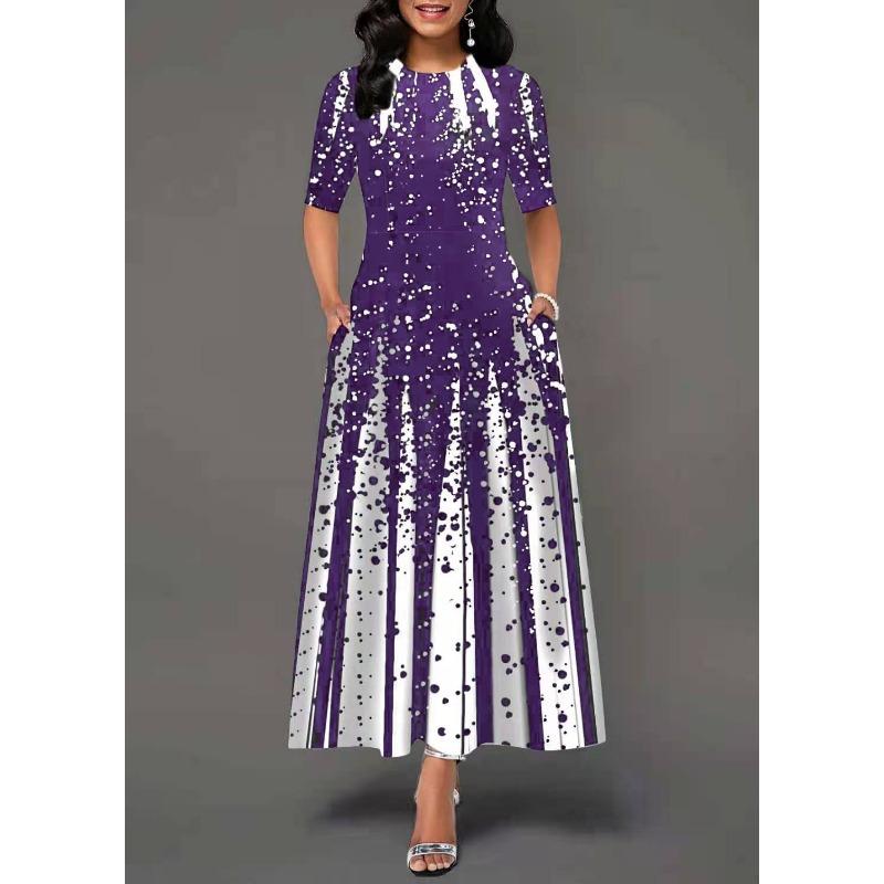 2025 New Women's Fashion Personalized Gradient Positioning Printed Round Neck Middle Sleeve Large Swing Dress