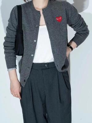 Women's Wool Knit Cardigan with Heart Embroidery - Autumn/Winter, Round Neck, Long Sleeve