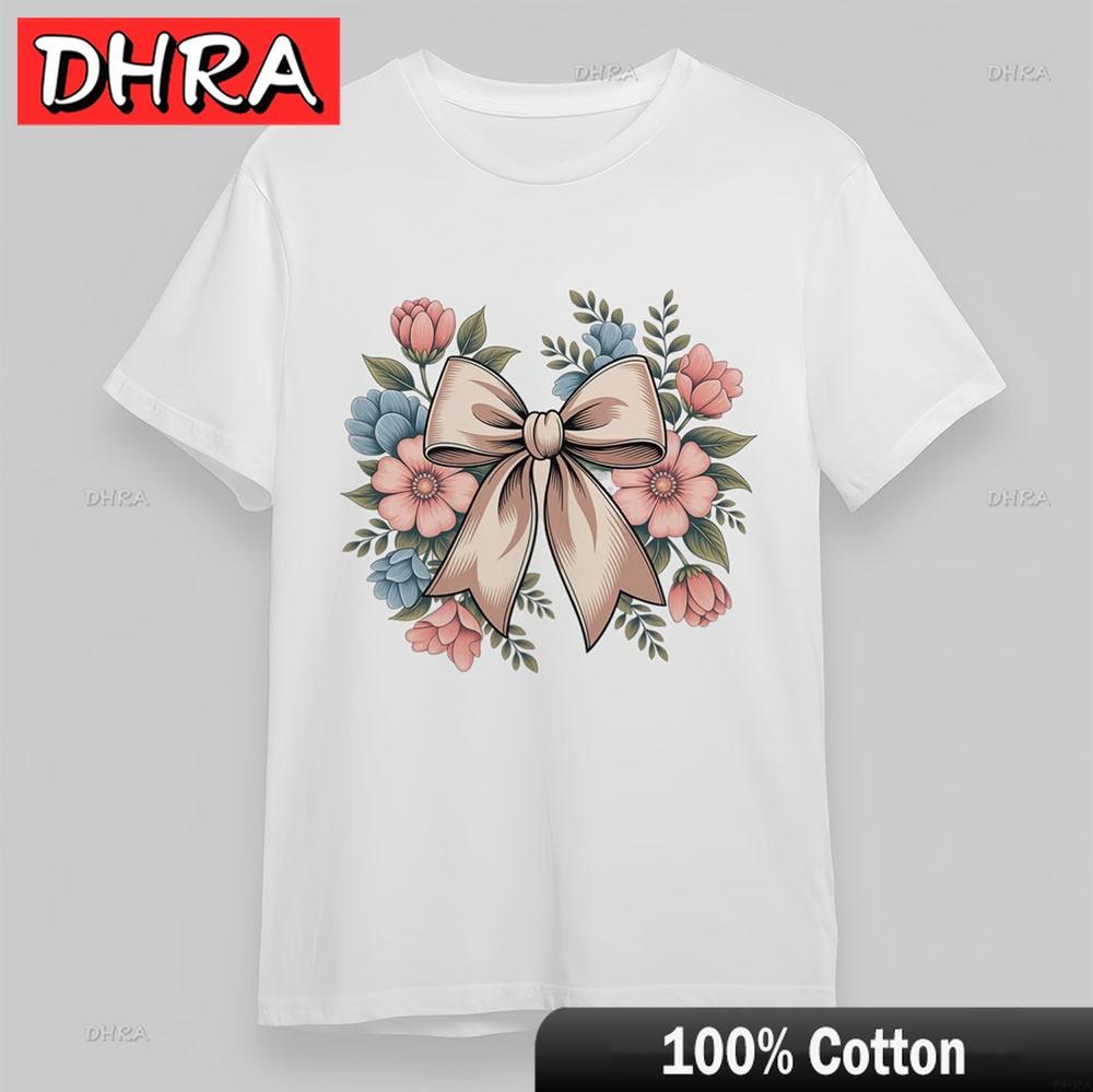 

Unisexs Comfy TShirt Camellia Flower Bow Print Tee White Cotton Short Oversize Tshirts Clothing for Vocation TShirt Femme Adult 3XL