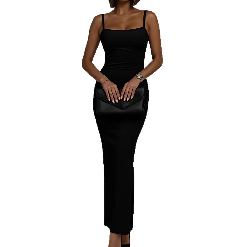 Elegant Solid Color Suspender Square Neck Dress for Women, Slim-fitting Hip-wrapped Side Split Dress, Sexy and Thin Dating Party