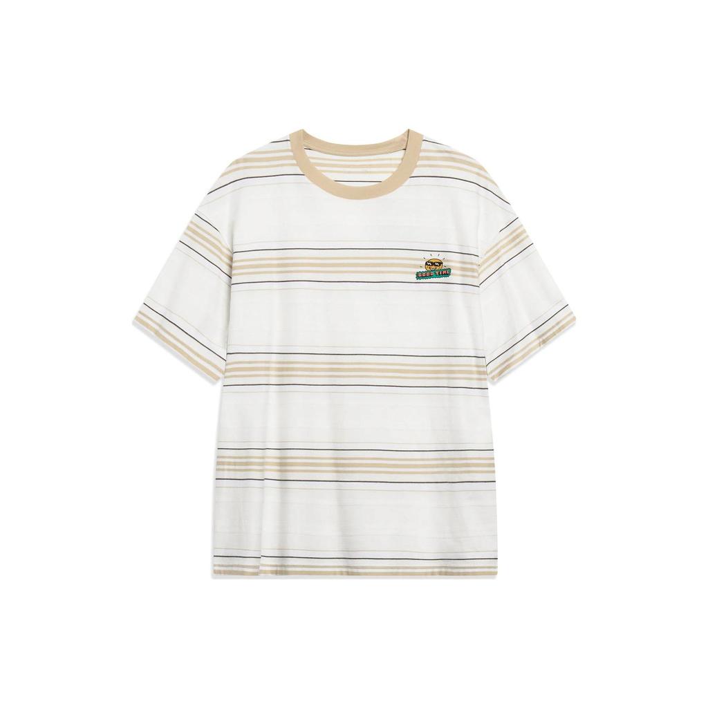 Lining Sports Lifestyle Series Striped Crew Neck Pullover Short Sleeve T-Shirt Men Tops Off-White AHST185-4