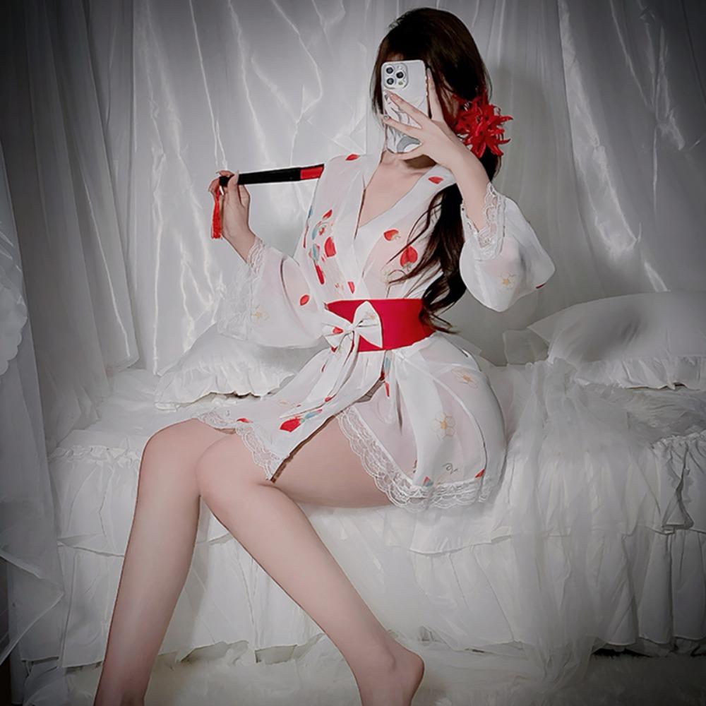 Sexy Lingerie Pure Desire Thin Perspective Strawberry Kimono Seduction Hot Pajamas Bed Passion Uniform Set