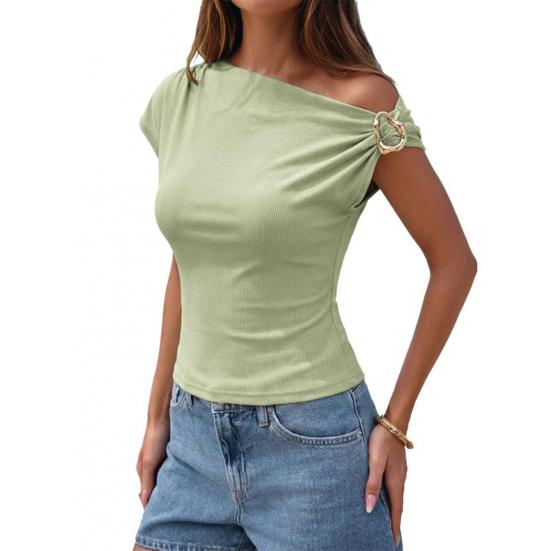 Damskie Topy Asymetryczny Dekolt Metalowa Klamra Krótki Rękaw Pulower Dopasowany Asymetryczny Opuszczony Ramię Koszulka z Złotym Metalowym Pierścieniem