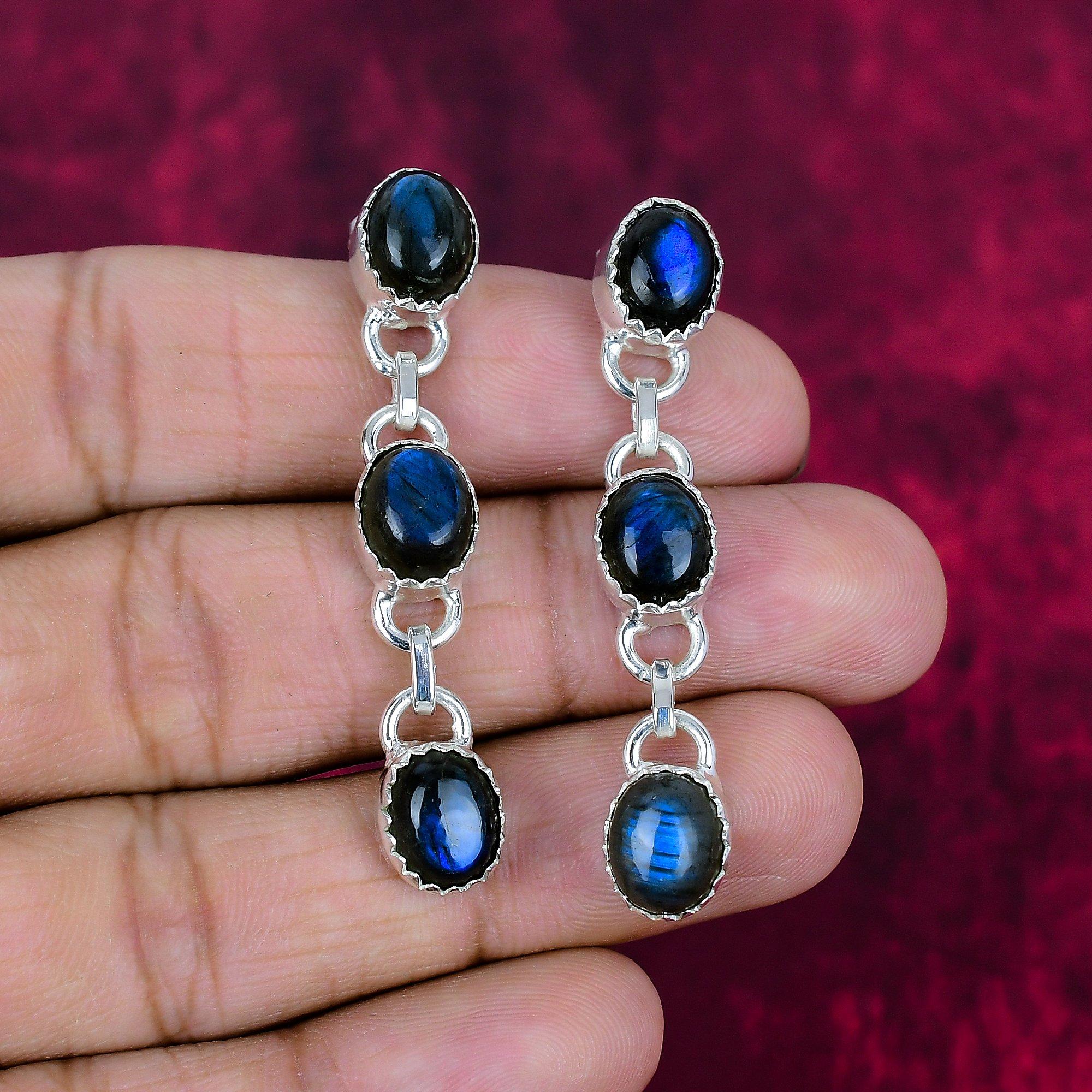 

Лабрадорит 925 цельные серебряные серьги, серьги ручной работы с драгоценными камнями, ювелирные изделия, подарки для жены, абсолютно новые серьги 2.17 Inches синий