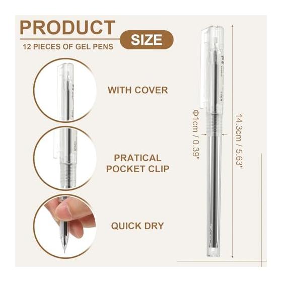 PATIKIL 12 Pcs 0.5mm Gel Pens, Black Ink Smooth Writing Rollerball Pens for Home Office School Art Writing Note Taking, Clear AGPB5902A, Consistent