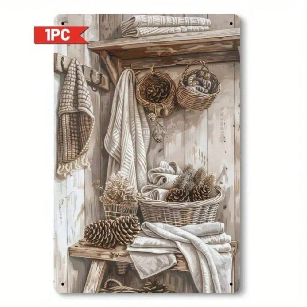 Vintage Metal Wall Art Kitchen Decor, 2D Tin Sign with Towel and Pine Cone Motif
