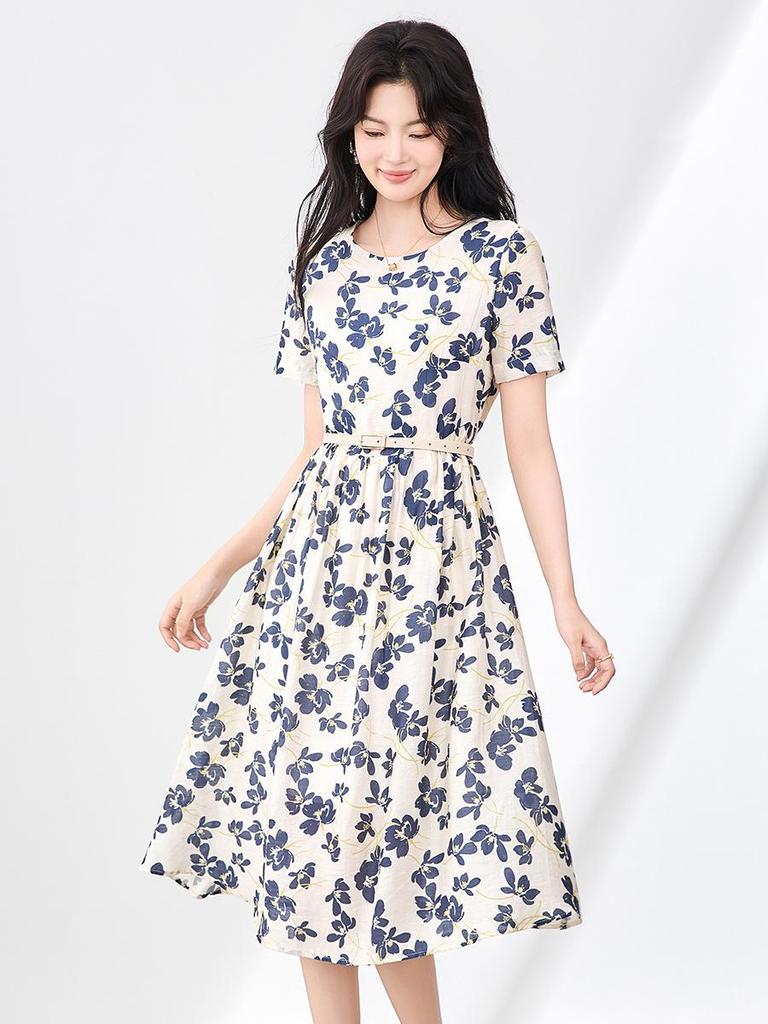 Nanyou Tencel Linen Tie Waist Mid-Length Summer Dress - Elegant Women's Short Sleeve for Vacation