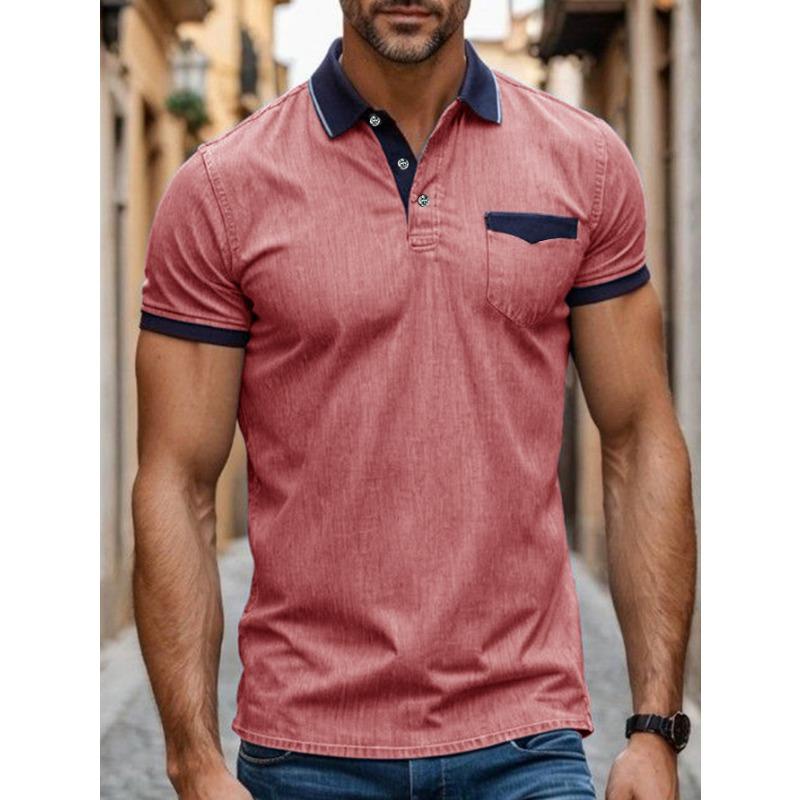Summer Vintage Polo-neck Casual Fashion Short Sleeve T-shirt Male Patchwork Denim Tee Pullover Top Men