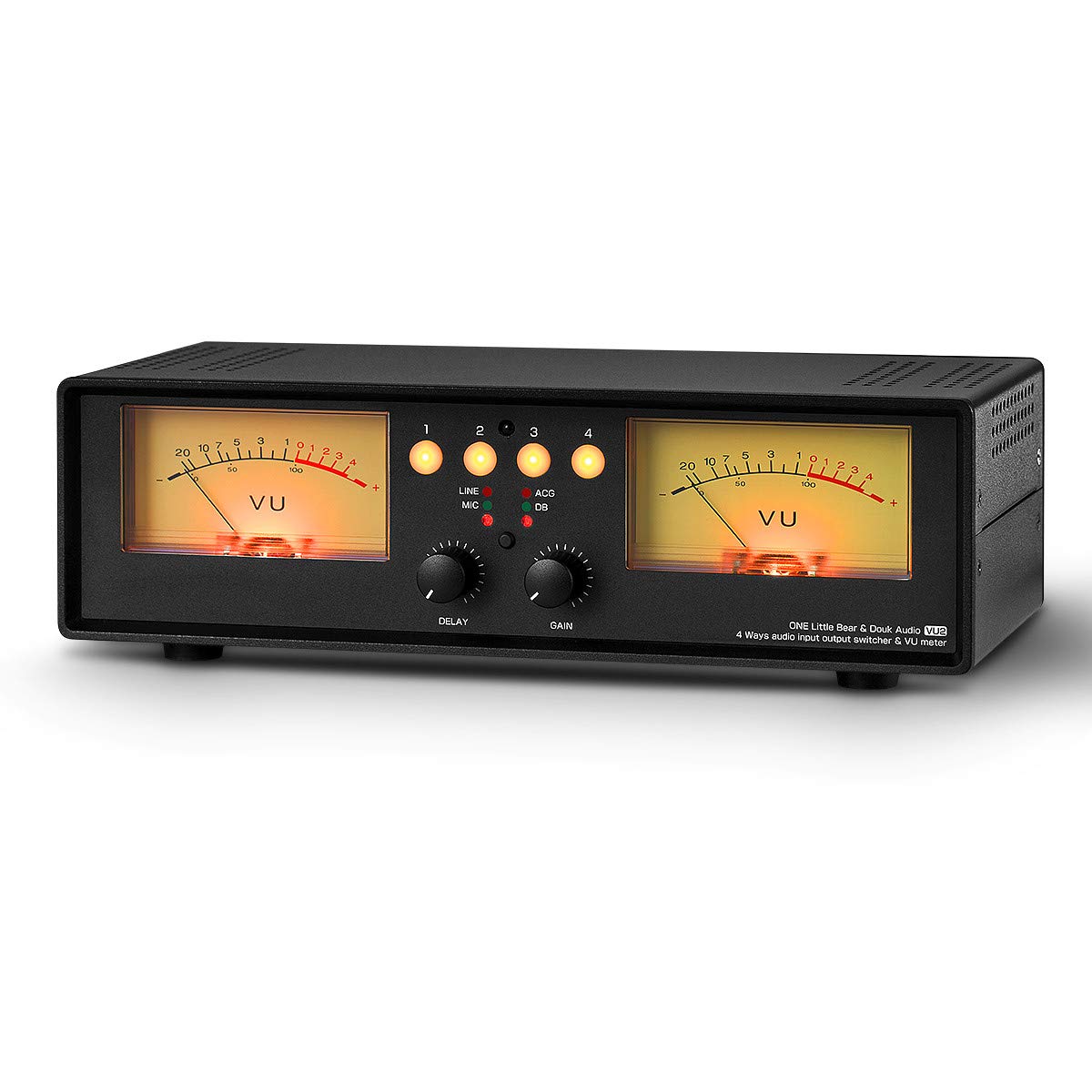

VU2 Digital Analog Dual VU Meter Audio Splitter Switcher Box with 4 Channels and Gain Adjustment