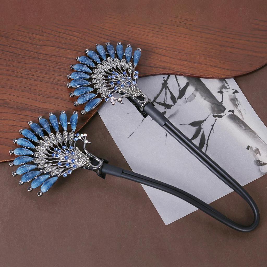 Elegant Blue Peacock Rhinestone Pearl Hair Clip - Retro Twist Bun Accessory