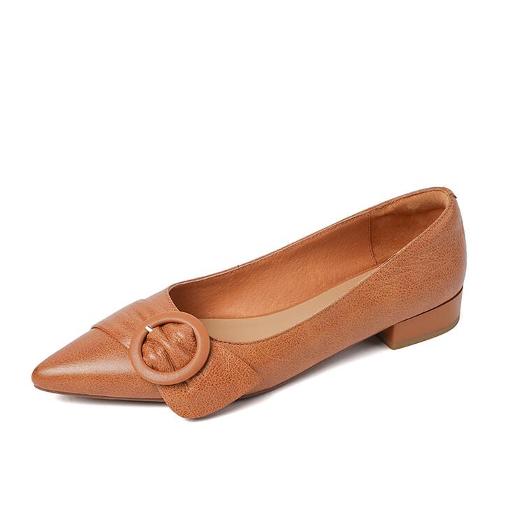 

Fashion NEW Autumn/Spring Women Pumps Genuine Leather Shoes for Women Pointed Toe Low Heel Women Shoes Soft Retro Buckle Female Shoes 34 оранжевый