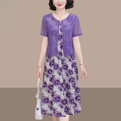 Chic Summer Fake Two Piece Dress for Moms Elegant Slimming and Youthful Mid Age Women Fashion Clothing