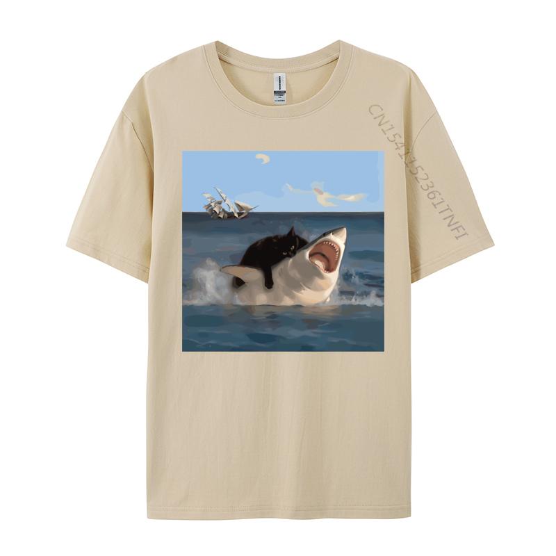 Katze beißt Hai Lustige Kunst und Katzenliebhaber Lustige Katze und Hai Bedrucktes Baumwoll Unisex Oberteil Shirt Normal Hip Hop 2026 Sommer T-Shirt