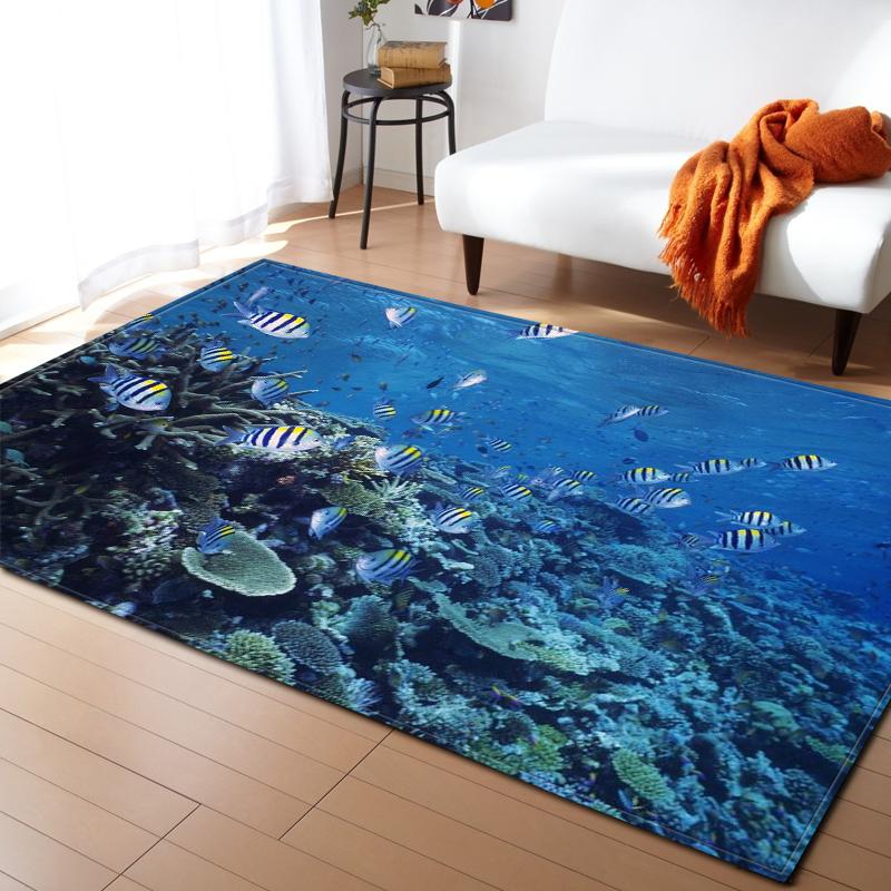 Ocean Corals Living Room Area Rug Fish 3D Carpets Boys Bedroom Play Rugs for Children Room Flannel Kitchen Mat Doormat Entrance