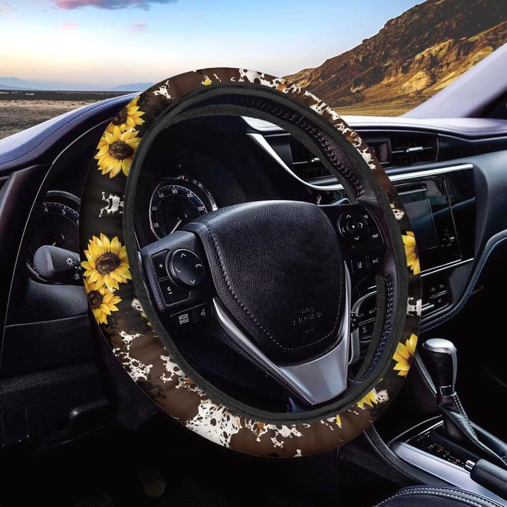 15inch Cow Sunflower Auto Steering Wheel Cover for Women Men Sunflower Lover,Brown Cowhide Steering Wheel Cover Protector Accessory Elastic and Anti