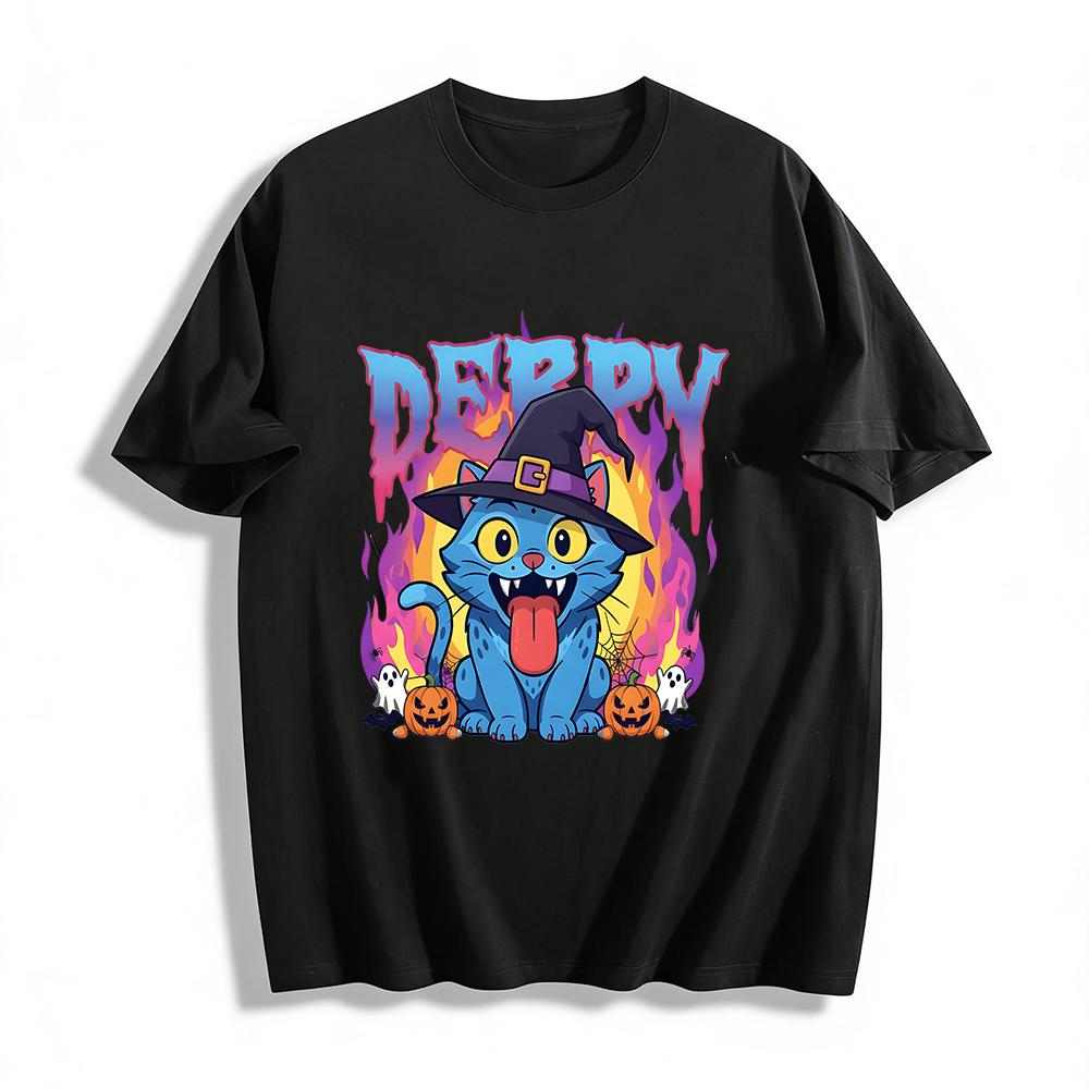 Halloween Themed T-shirt with Goofy Witch Hat Blue Cat Pumpkin Ghost Elements Festival Top Pure cotton T-shirt XXS