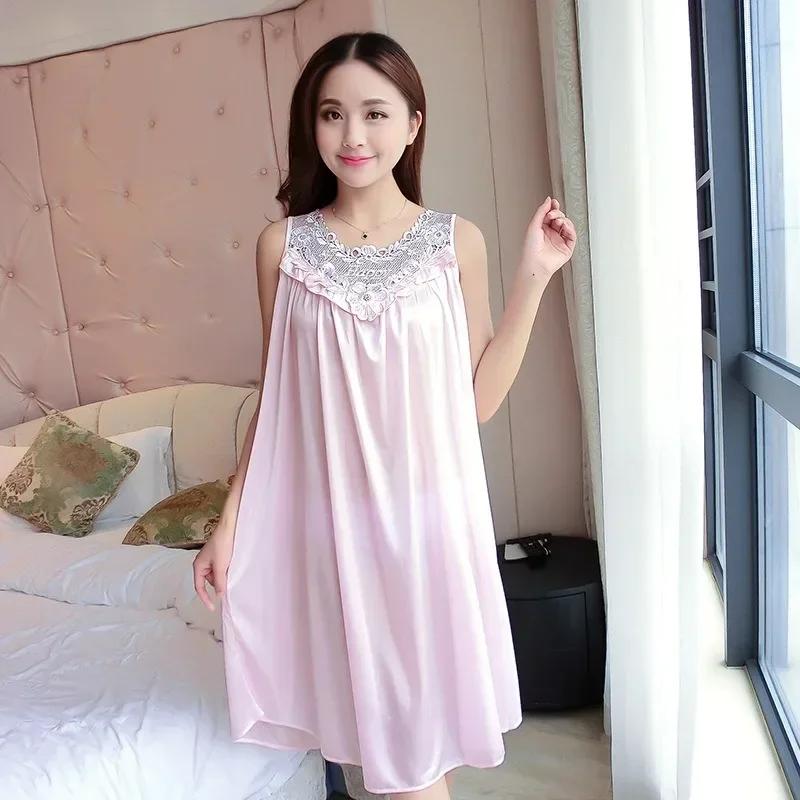Summer Imitation Silk Nightgowns Women Sexy Sleepwear Nightwear Female Spaghetti Strap Underwear Lace Breathable Homewear