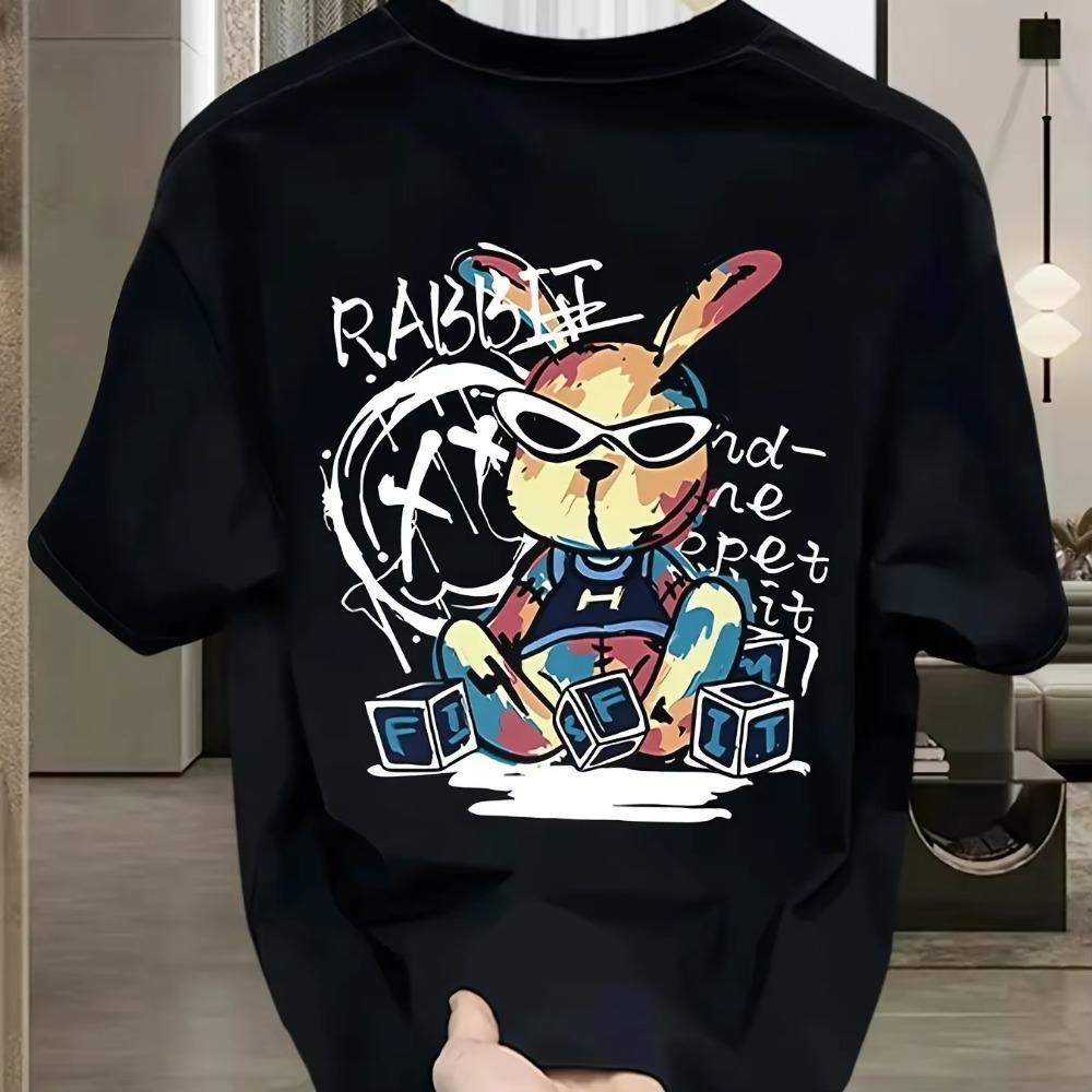 Men's Summer 100% Pure Cotton Fashionable Casual Loose Black Rabbit Cartoon Pattern Printed Round Neck Short Sleeved T-shirt Top