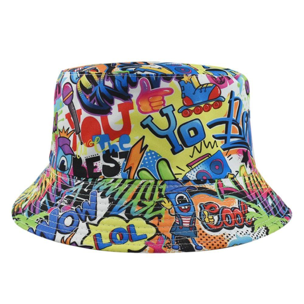 Graffiti Sunscreen Bucket Hats Sun Protection Letter Print Fishing Cap Double-Sided Breathable Sunshade Hat Outdoor